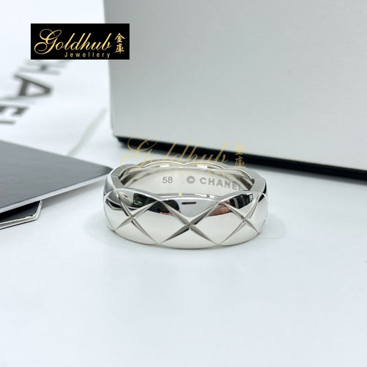 Chanel Coco Crush Ring, Quilted Motif, Small Version in White Gold, Size 58