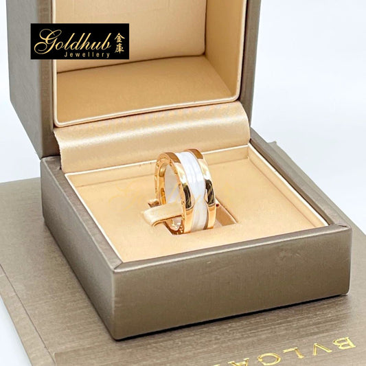 Bulgari B.zero1 Ring, 2 Band White Ceramic in Rose Gold, Size 53