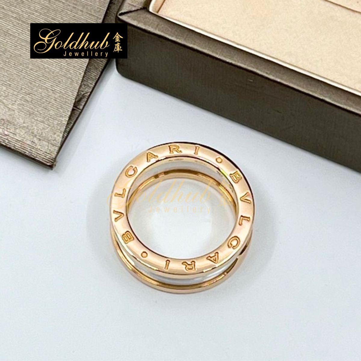 Bulgari B.zero1 Ring, 2 Band White Ceramic in Rose Gold, Size 53