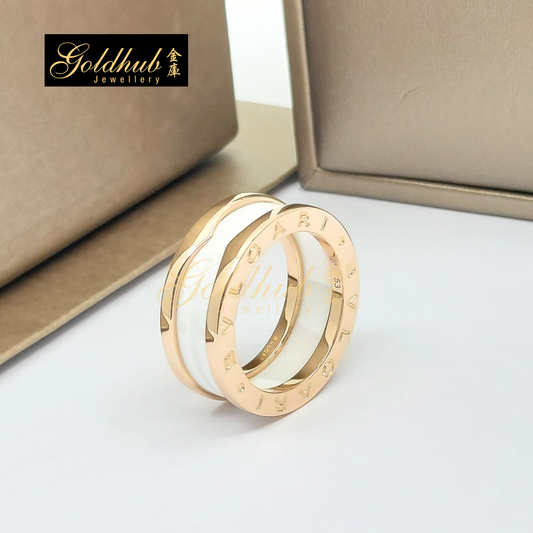 Bvlgari B.zero1 White Ceramic 2 Band Ring in Rose Gold, Size 53