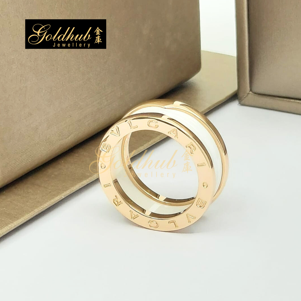 Bvlgari B.zero1 White Ceramic 2 Band Ring in Rose Gold, Size 53