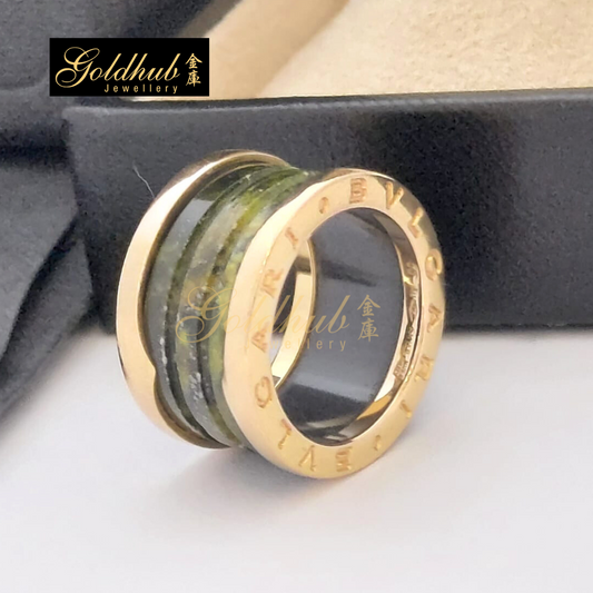 Bvlgari B.zero1 Green Marble 4 Band Ring in 750 Rose Gold, Size 50