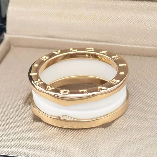Bvlgari B.zero1 White Ceramic 2 Band Ring in Rose Gold, Size 54