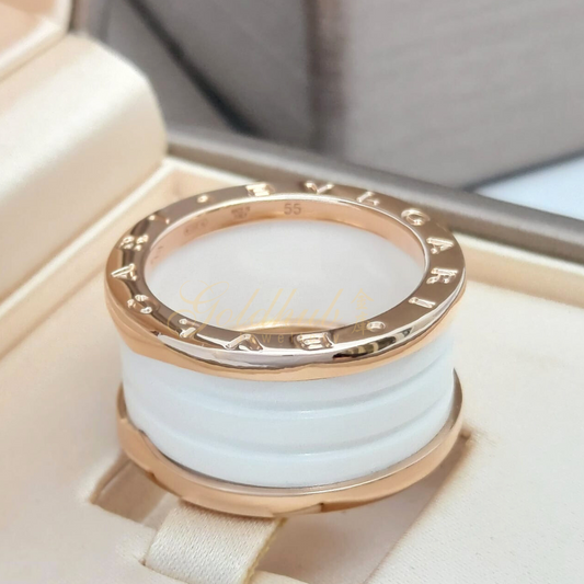Bvlgari B.zero1 White Ceramic 4 Band Ring in Rose Gold, Size 55