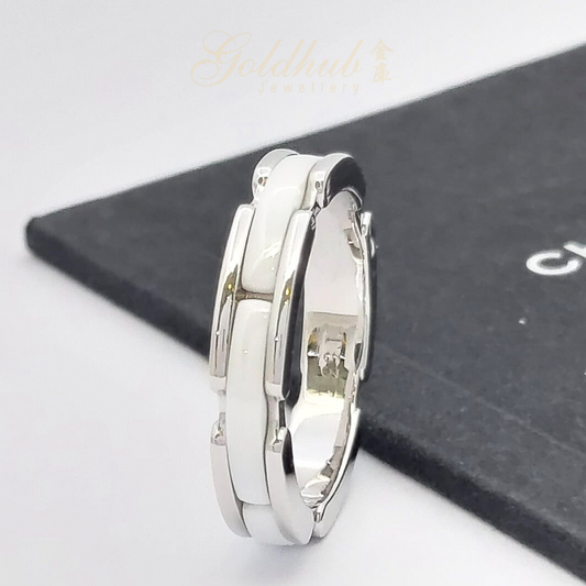 Chanel White Ceramic Ultra Small Version Ring in White Gold, Size 53