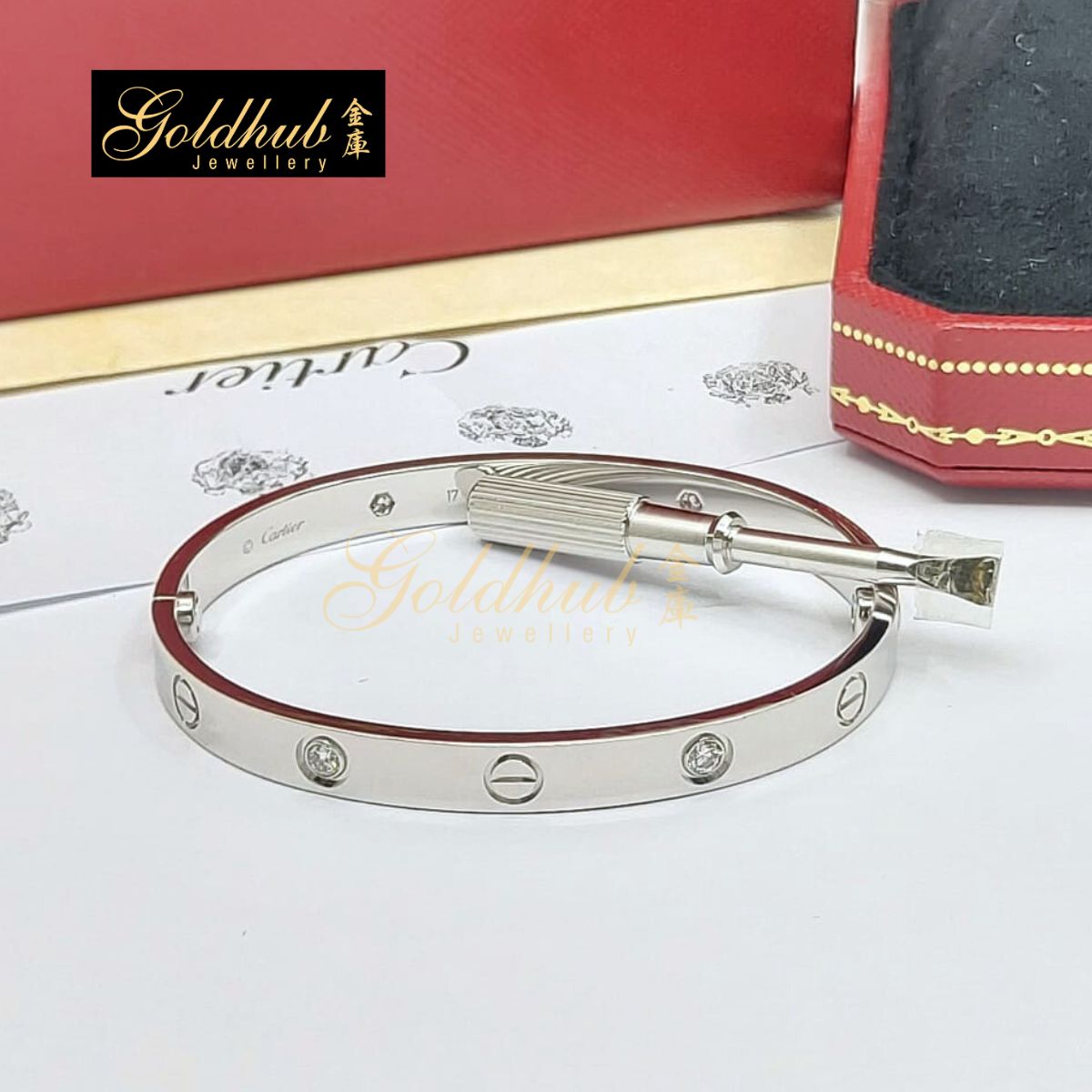 Cartier Love Bracelet, Classic Model, 4 Diamonds in White Gold, Size 17