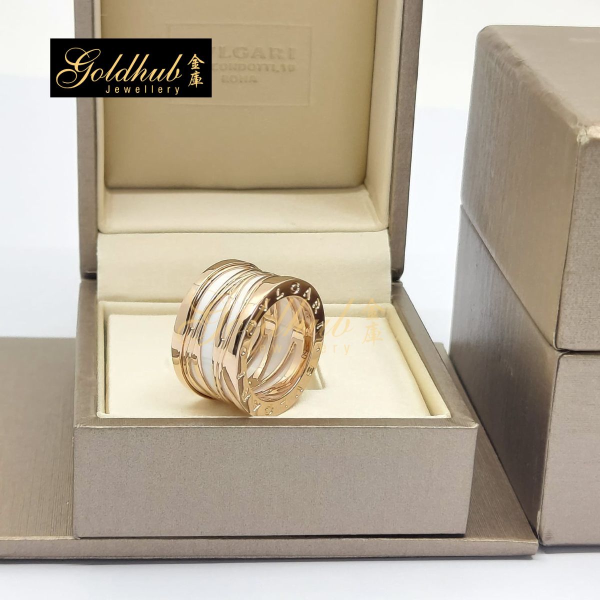 Bvlgari B.zero1 Ring, Legend 4 Band, White Ceramic in Rose Gold, Size 50