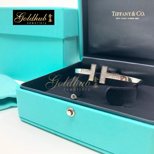 Tiffany & Co Tiffany T Square Bracelet, Pave Diamond in White Gold, Size L
