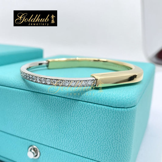 Tiffany Lock Bangle with Half Pave Diamonds in Yellow and White Gold, Size Small