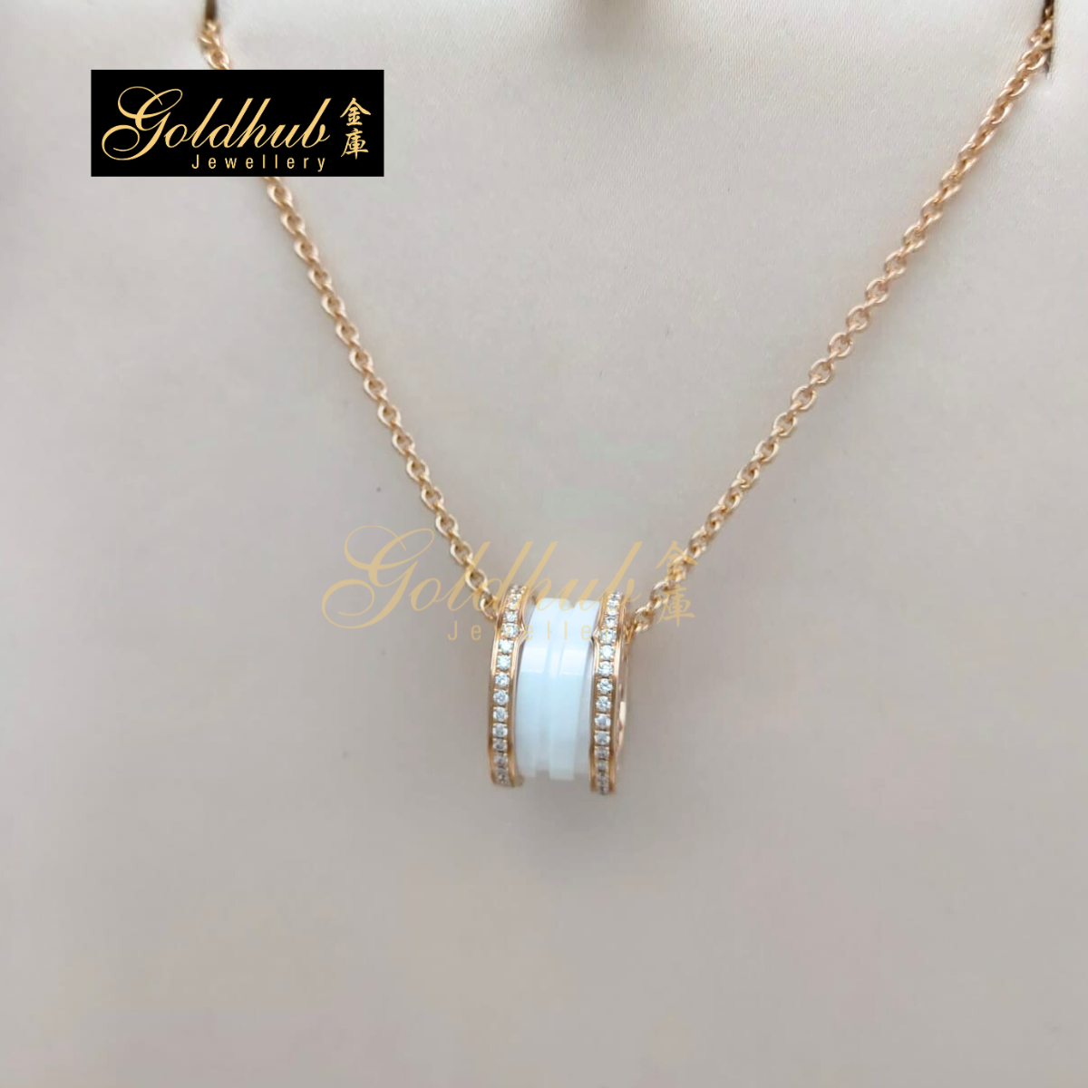 Bvlgari B.zero1 Classic White Ceramic Necklace, Pave Diamonds on Edges in Rose Gold
