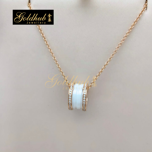 [Reserved] Bvlgari B.zero1 Classic White Ceramic Necklace, Pave Diamonds on Edges in Rose Gold