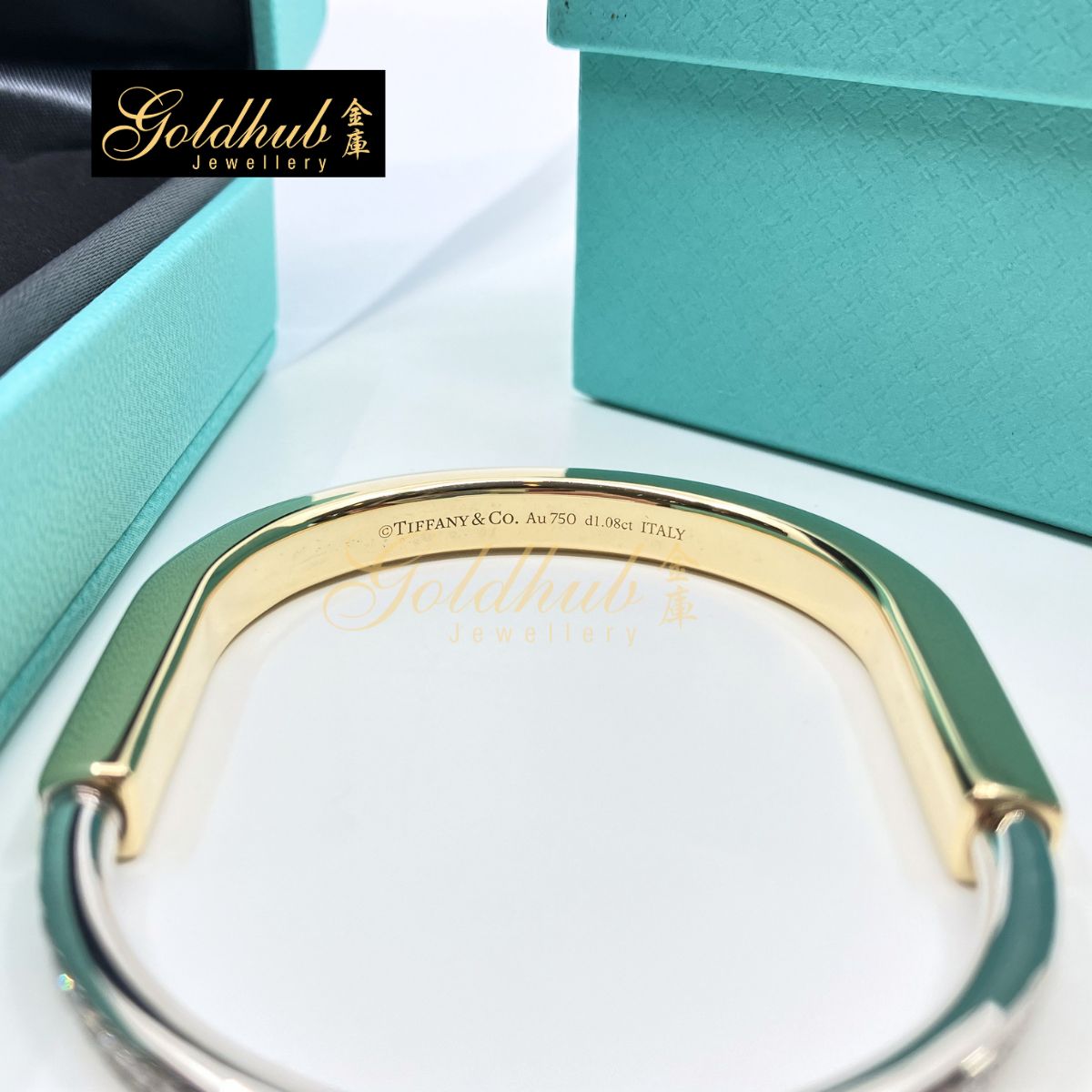 Tiffany Lock Bangle with Half Pave Diamonds in Yellow and White Gold, Size Small