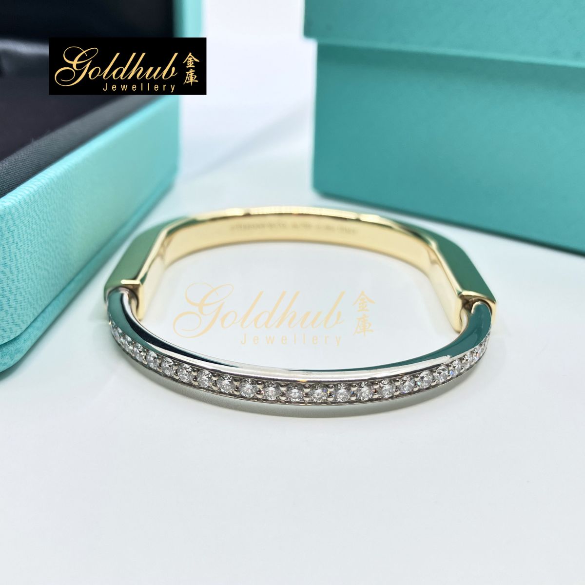 Tiffany Lock Bangle with Half Pave Diamonds in Yellow and White Gold, Size Small
