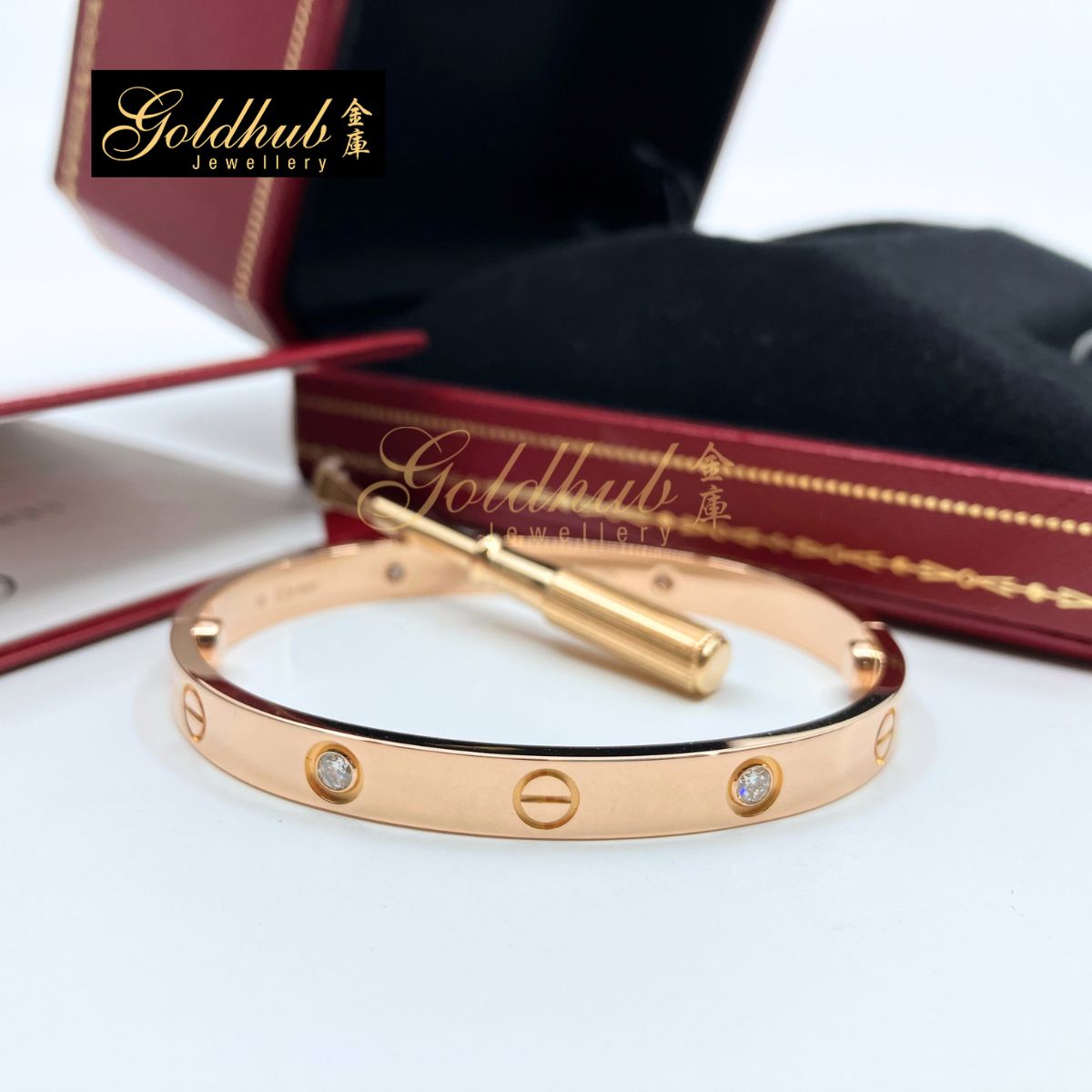 Cartier LOVE Bracelet, Classic Model, 4 Diamonds in Rose Gold, Size 17