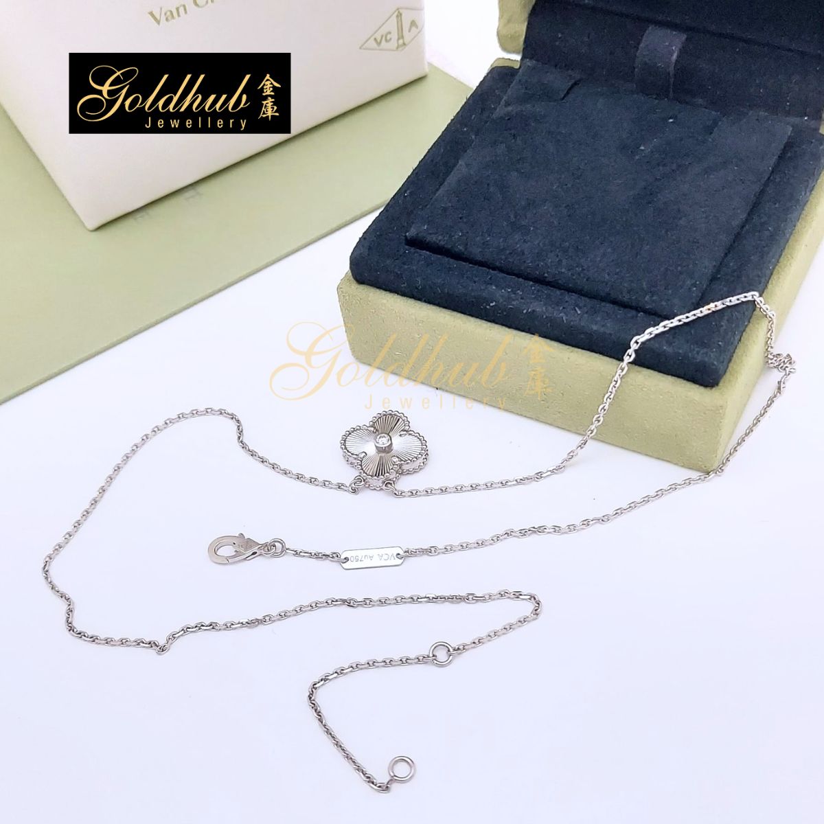 [Reserved] Van Cleef & Arpels 2020 Holiday Vintage Alhambra Pendant, Guilloche Diamond in White Gold