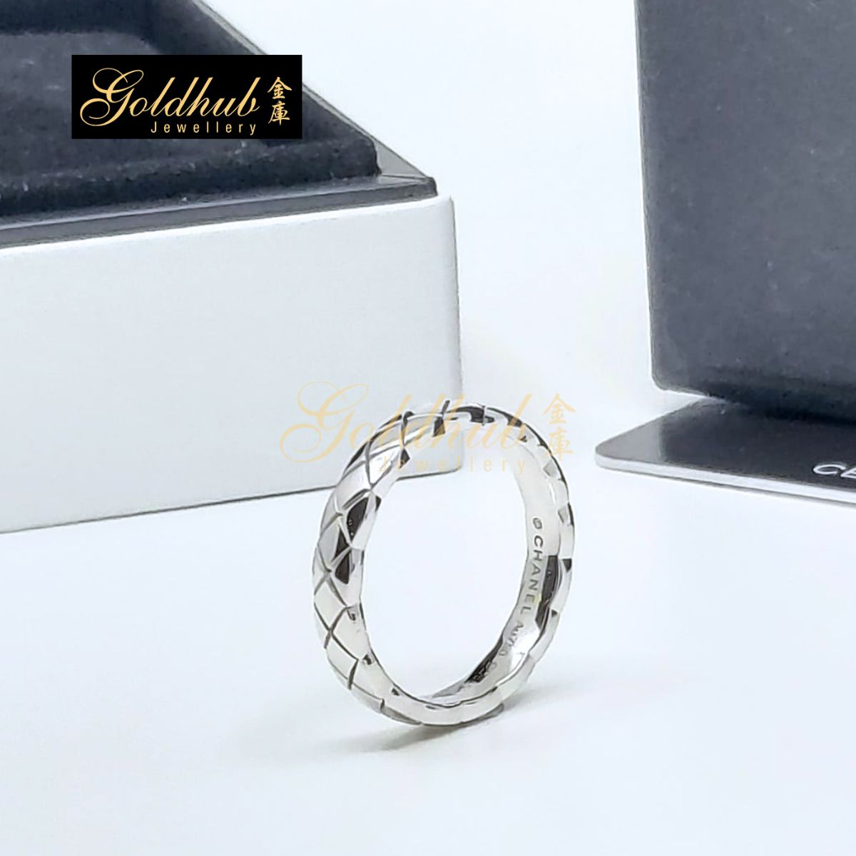 Chanel Coco Crush Ring, Quilted Motif, Mini Version in White Gold, Size 49