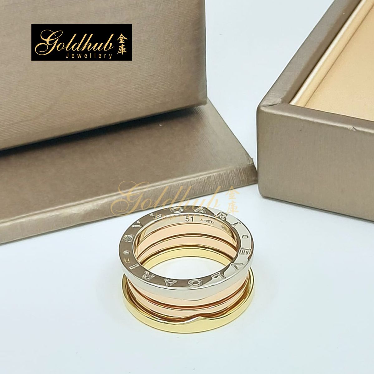 Bulgari B.Zero1 3 Bands Ring in Yellow, Rose and White Gold, Size 51
