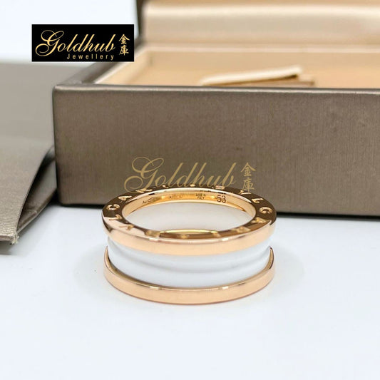 Bulgari B.zero1 Ring, 2 Band White Ceramic in Rose Gold, Size 53
