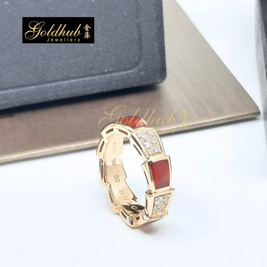 Bulgari Serpenti Viper Ring, Diamonds Carnelian in Rose Gold, Size 50
