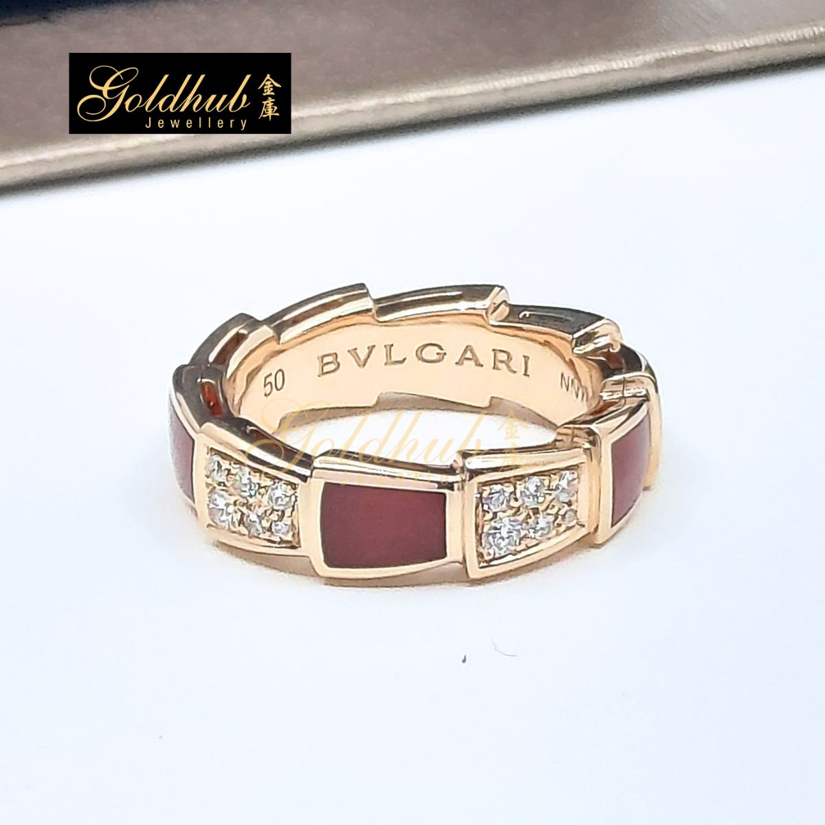 [Reserved] Bulgari Serpenti Viper Ring, Diamonds Carnelian in Rose Gold, Size 50