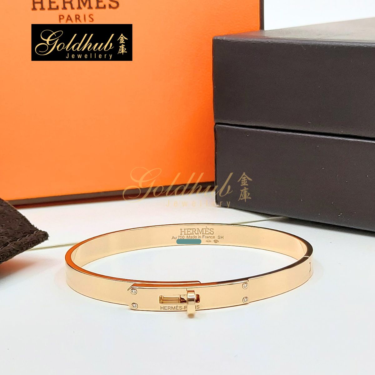 Hermes Kelly Bracelet, Small Model, 4 Diamonds in Rose Gold, Size SH