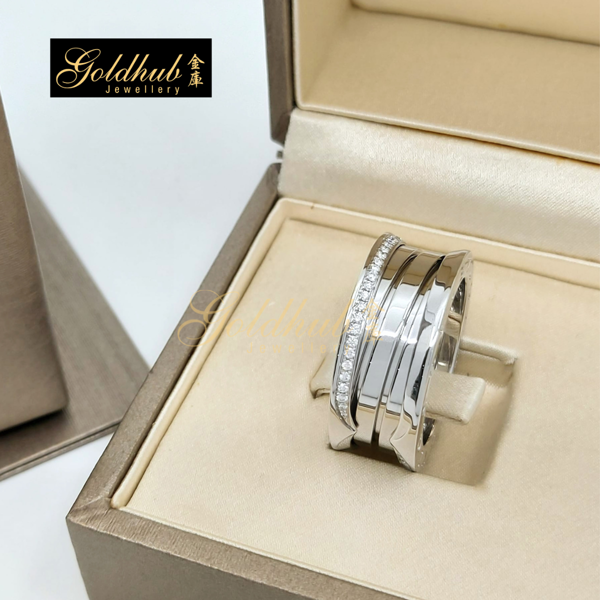 Bulgari B.zero1 3 Bands Ring, Demi-pave Diamond in White Gold, Size 57