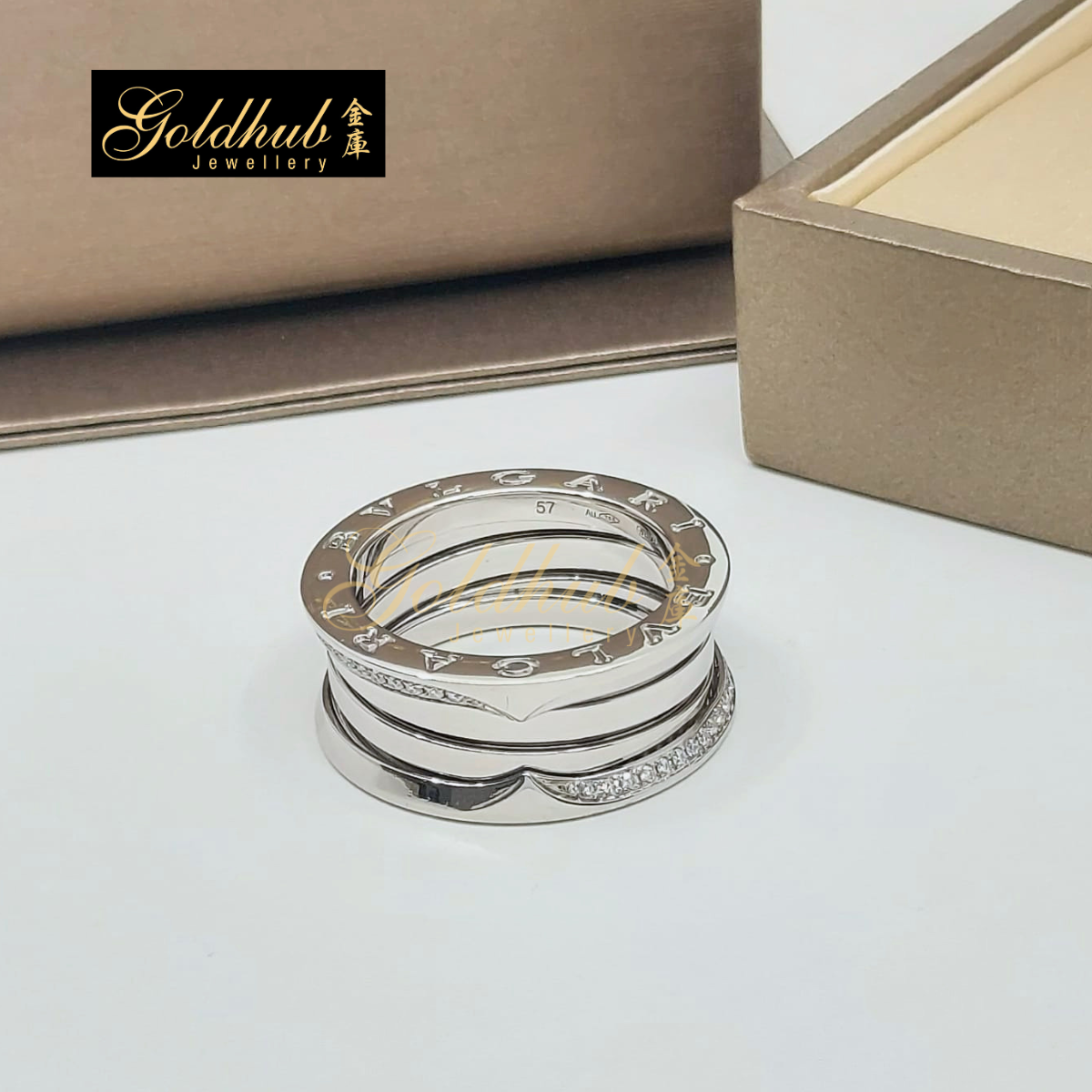 Bulgari B.zero1 3 Bands Ring, Demi-pave Diamond in White Gold, Size 57
