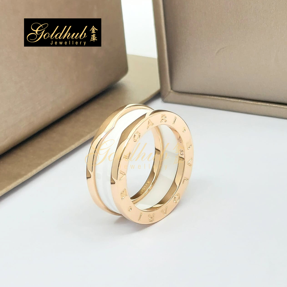 Bvlgari B.zero1 White Ceramic 2 Band Ring in Rose Gold, Size 53
