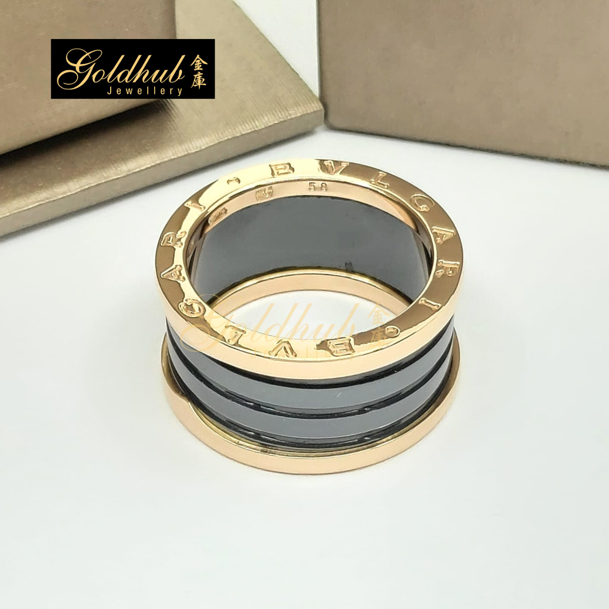 Bvlgari B.zero1 Black Ceramic 4 Band Ring in Rose Gold, Size 58