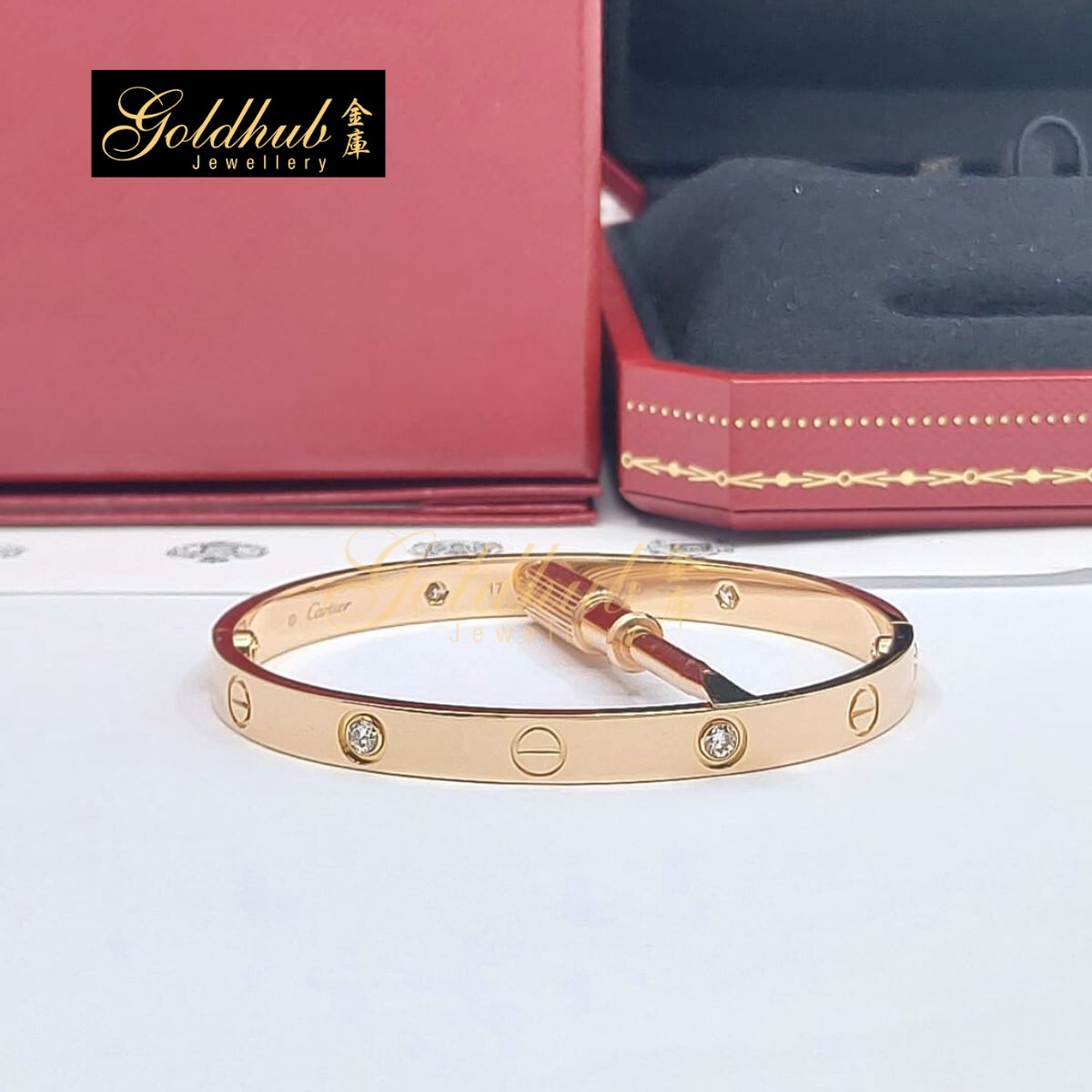 Cartier Love Bracelet, Classic Model, 4 Diamonds in Rose Gold, Size 17