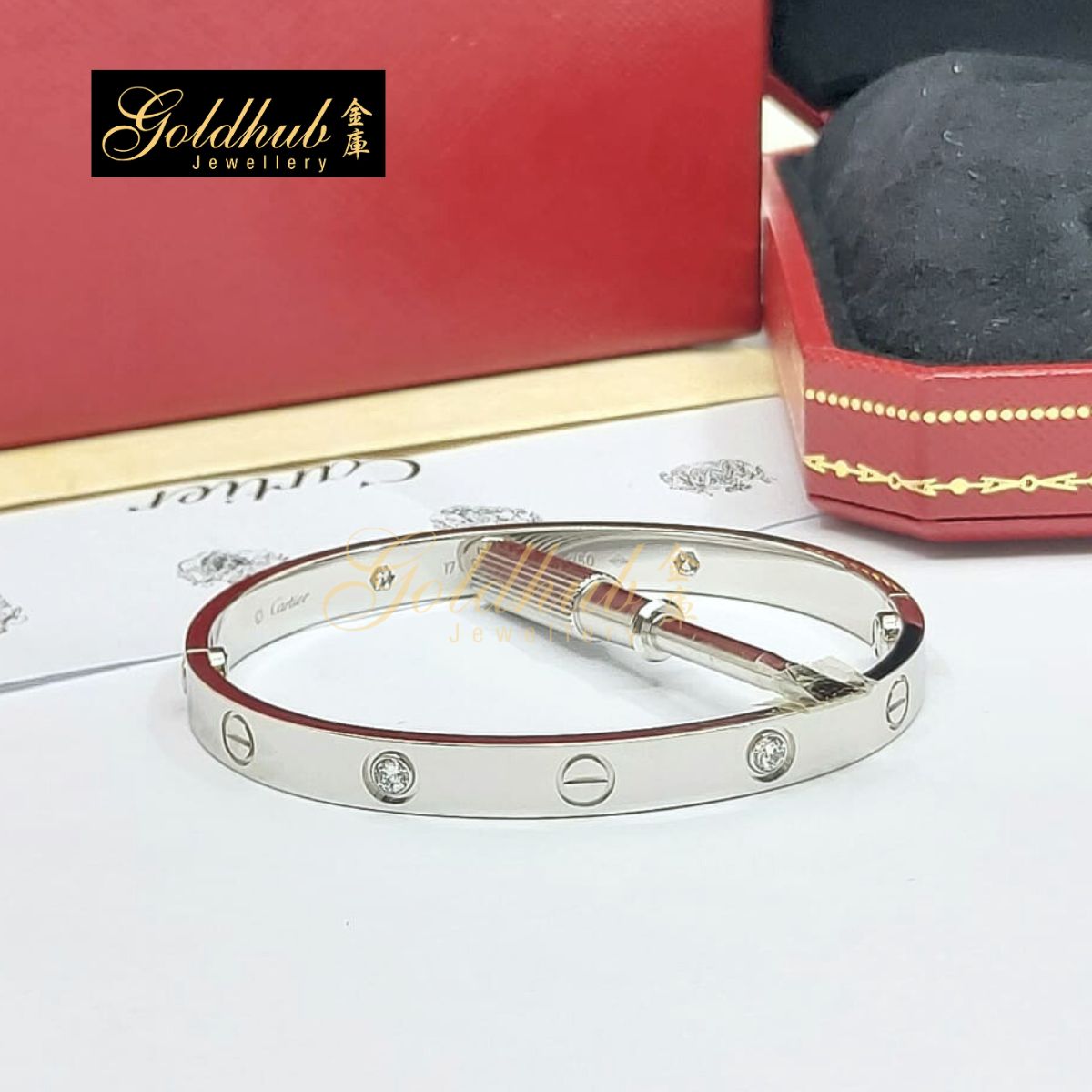 Cartier Love Bracelet, Classic Model, 4 Diamonds in White Gold, Size 17
