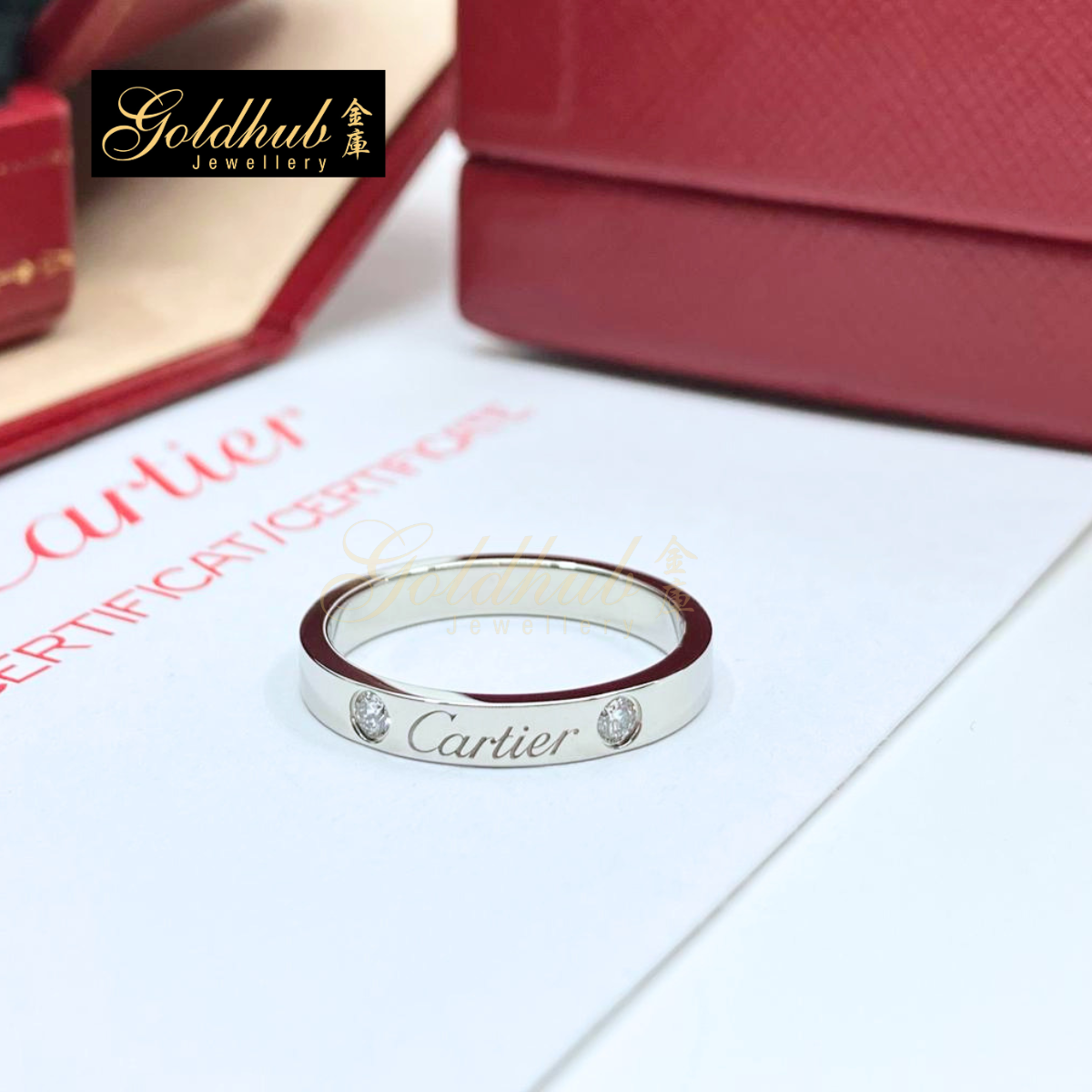 Cartier C de Cartier Wedding Band, 3mm, 2 Diamonds in Platinum, Size 53