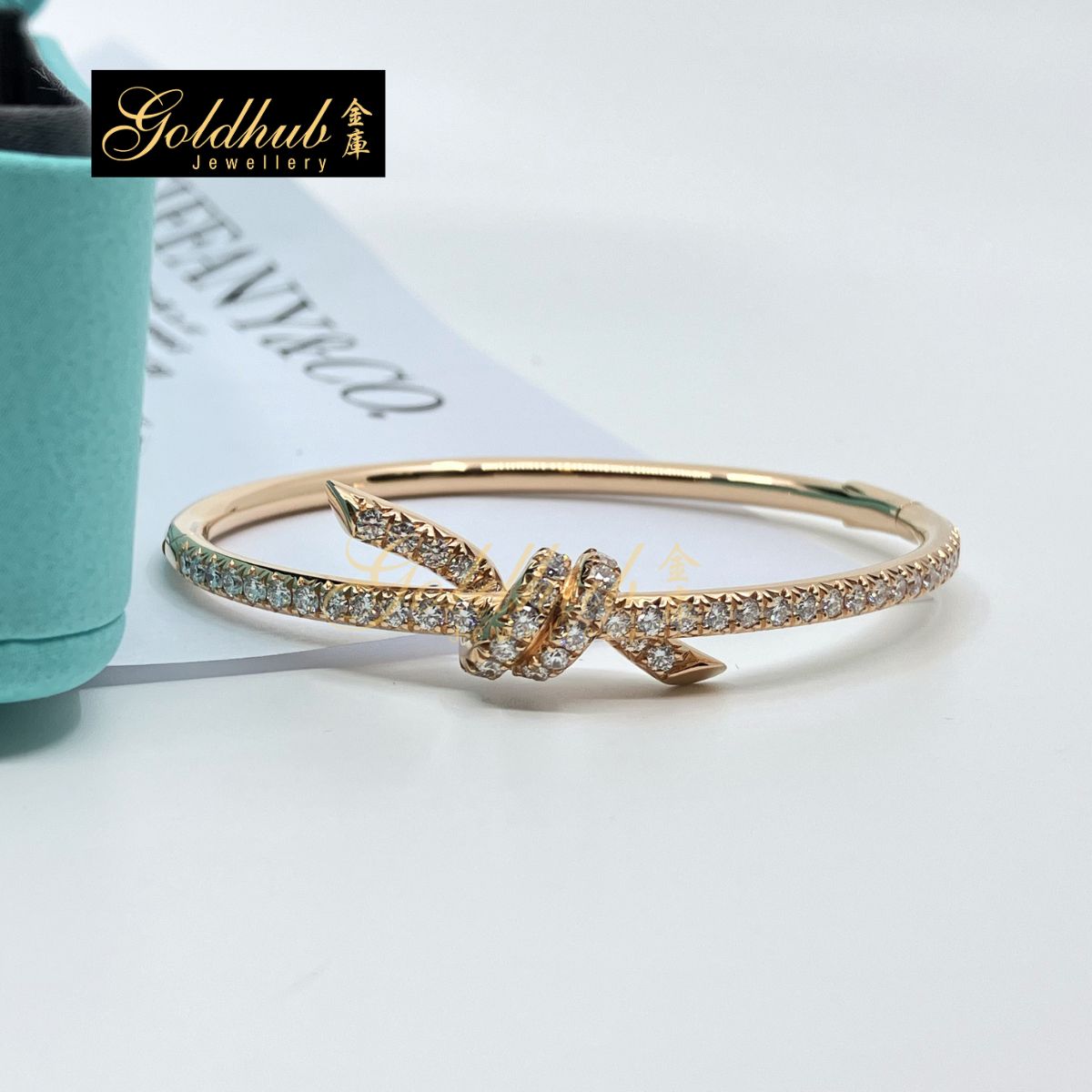 Tiffany Knot Bangle with Pave Diamonds in Rose Gold, Size Small