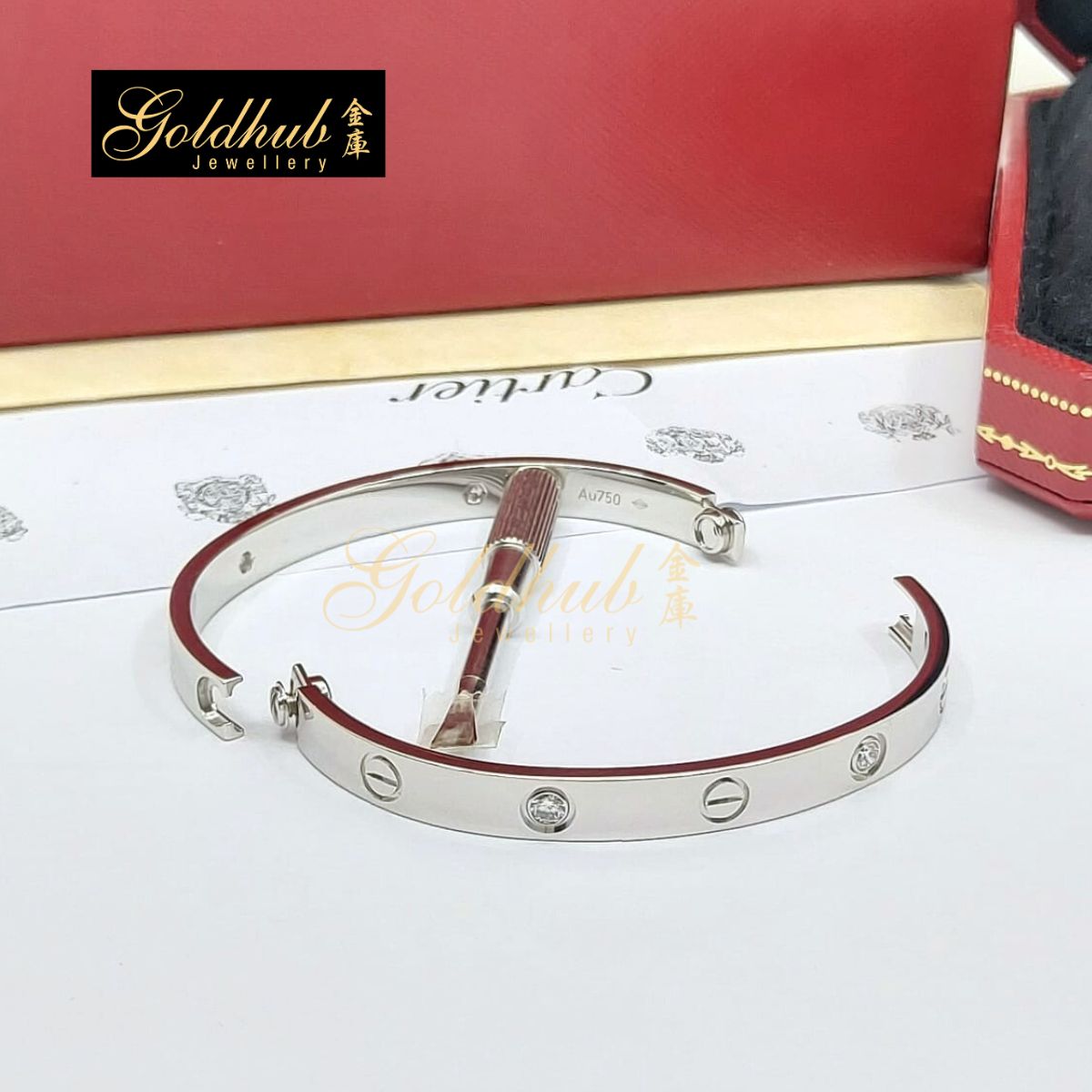 Cartier Love Bracelet, Classic Model, 4 Diamonds in White Gold, Size 17