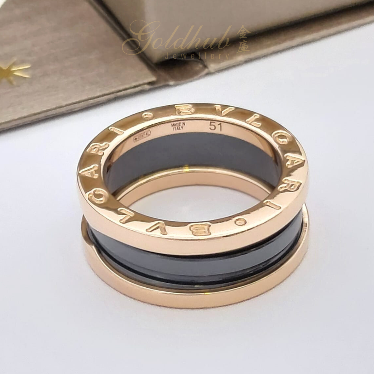 Bvlgari B.zero1 Black Ceramic 2 Band Ring in Rose Gold, Size 51