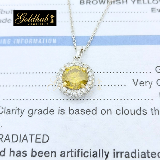 1.52ct Round Brilliant Artifically Irradiated Fancy Deep Brownish Yellow Diamond Necklace in White Gold