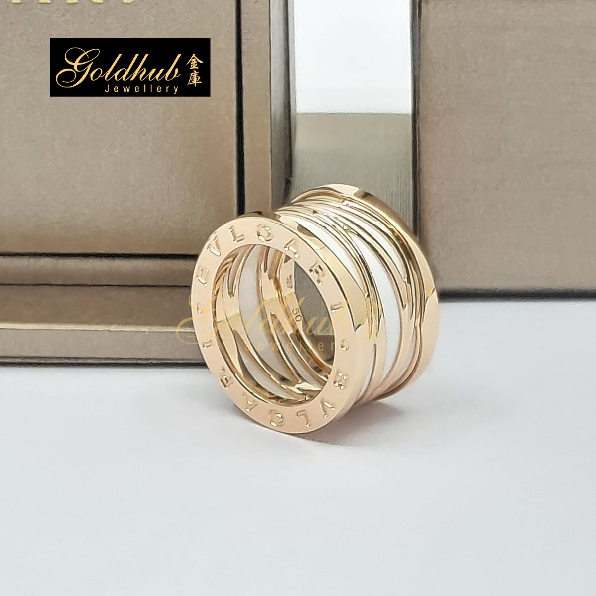 Bvlgari B.zero1 Ring, Legend 4 Band, White Ceramic in Rose Gold, Size 50