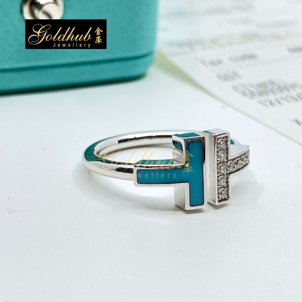 Tiffany T Diamond and Turquoise Wire Ring in White Gold, Size 6