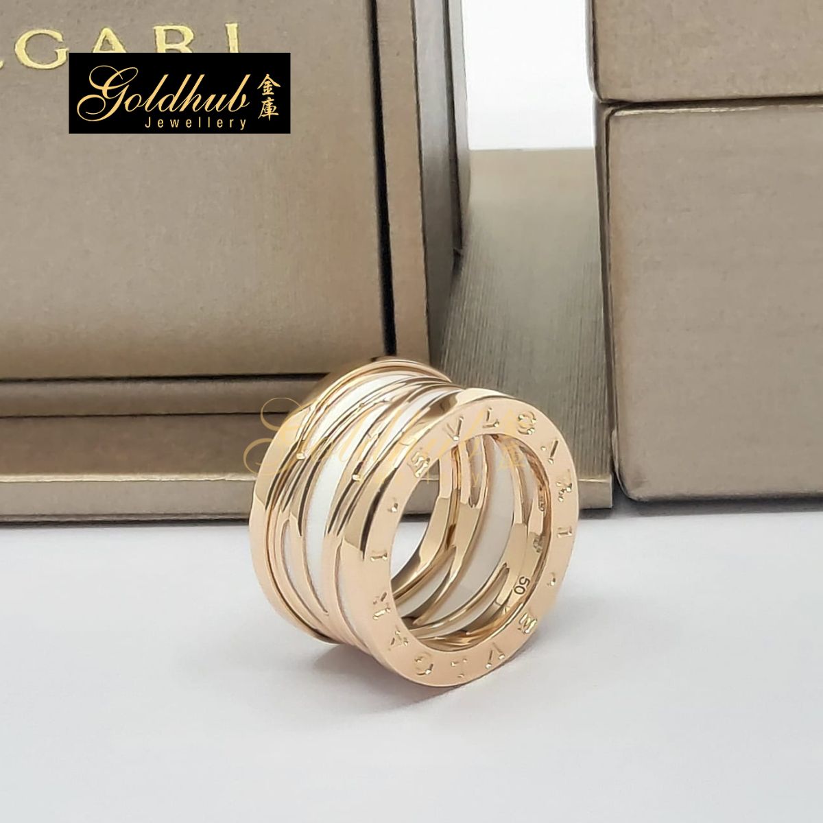 Bvlgari B.zero1 Ring, Legend 4 Band, White Ceramic in Rose Gold, Size 50