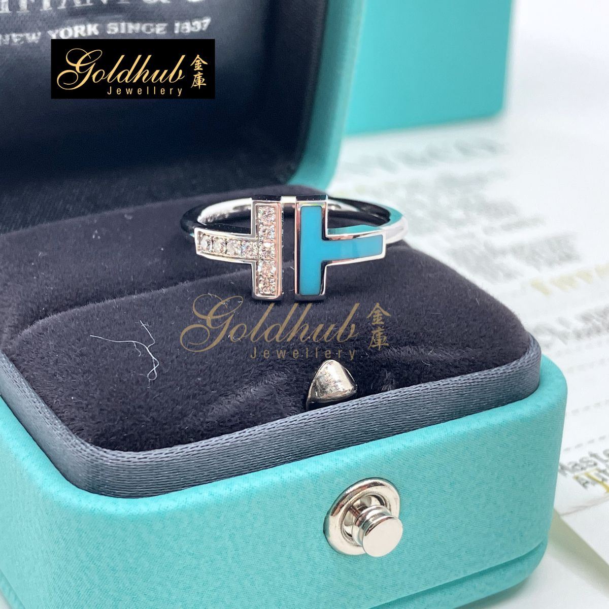 Tiffany T Diamond and Turquoise Wire Ring in White Gold, Size 6