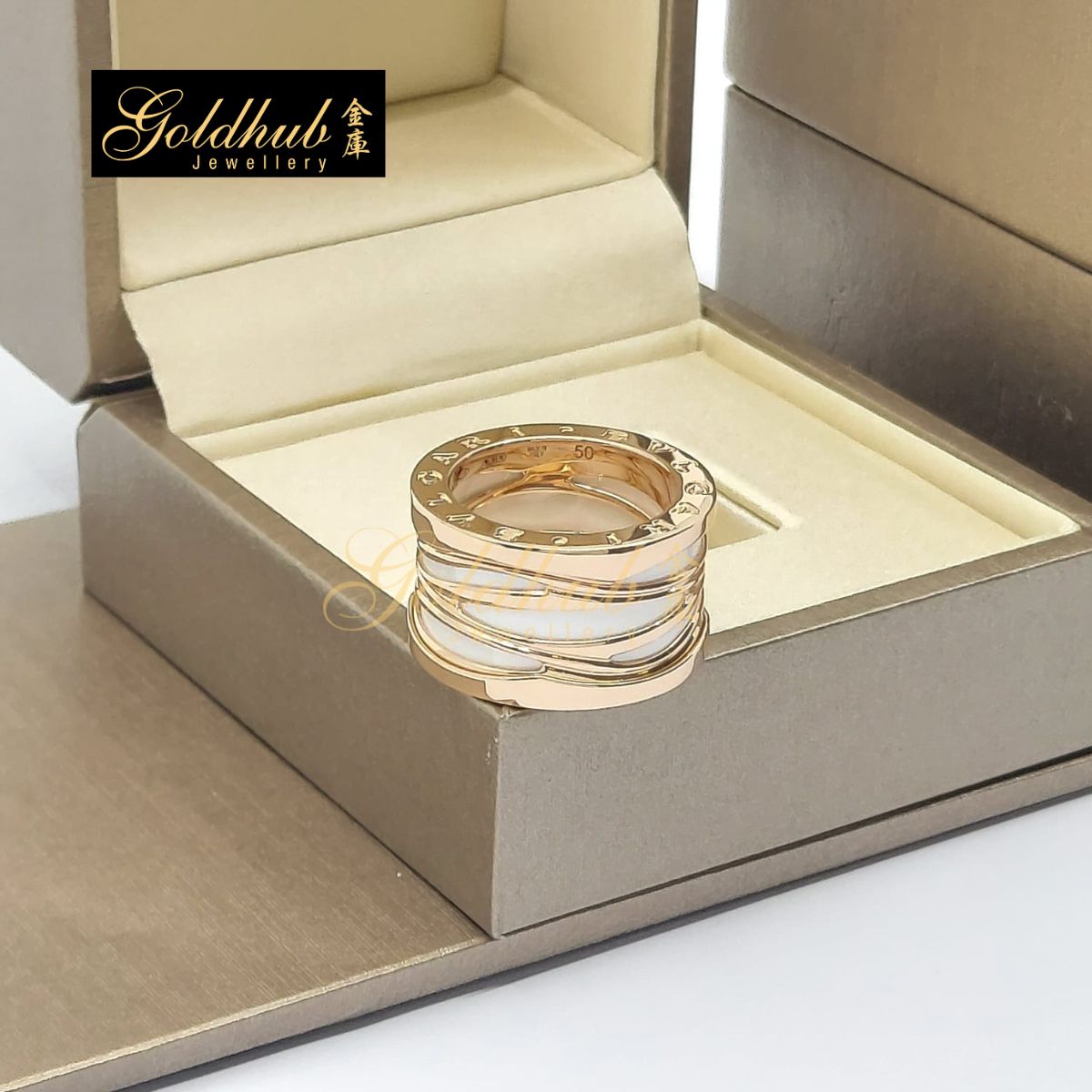 Bvlgari B.zero1 Ring, Legend 4 Band, White Ceramic in Rose Gold, Size 50