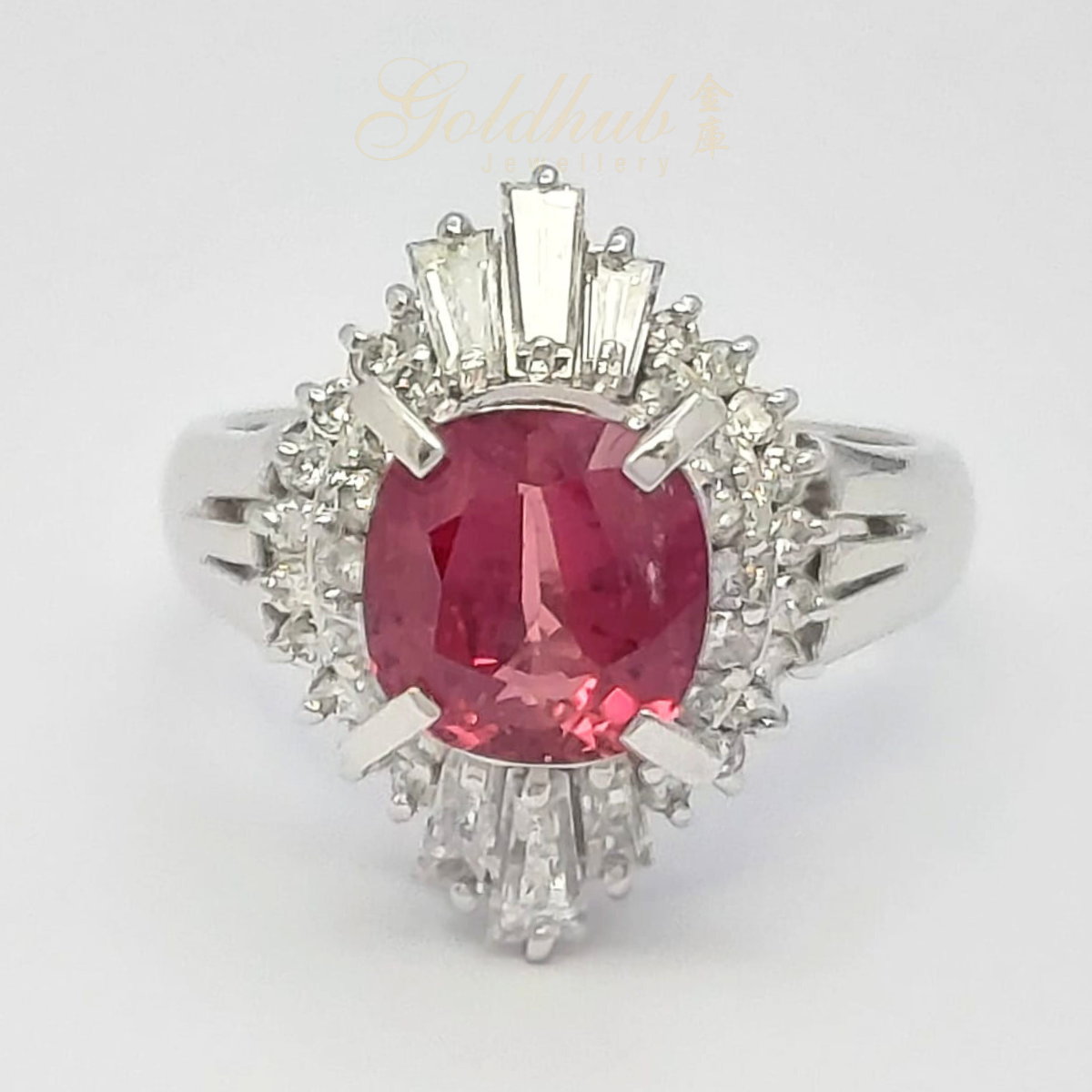 Pinkish Red Ruby Diamond Ring in Platinum