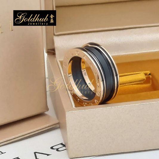 Bulgari B.zero1 Matte Black Ceramic 2 Band Ring in Rose Gold, Size 51