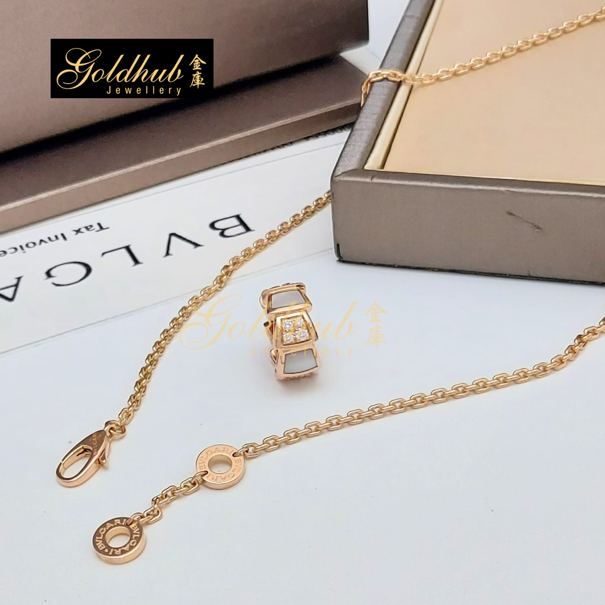 Bulgari Serpenti Viper Necklace, with Pave Diamonds and Mother-of-Pearl in Rose Gold
