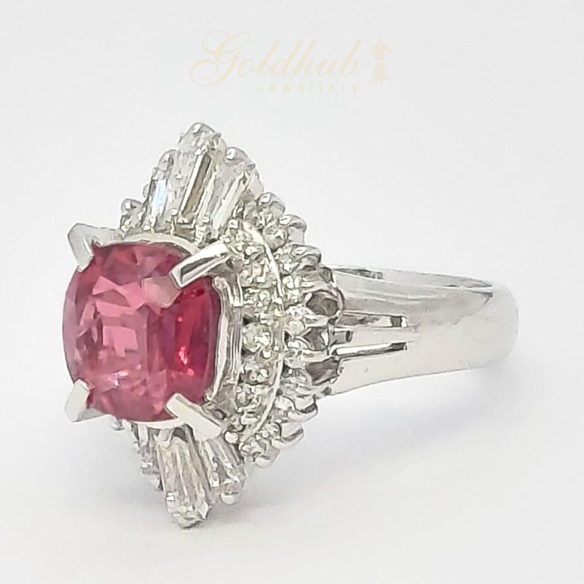 Pinkish Red Ruby Diamond Ring in Platinum