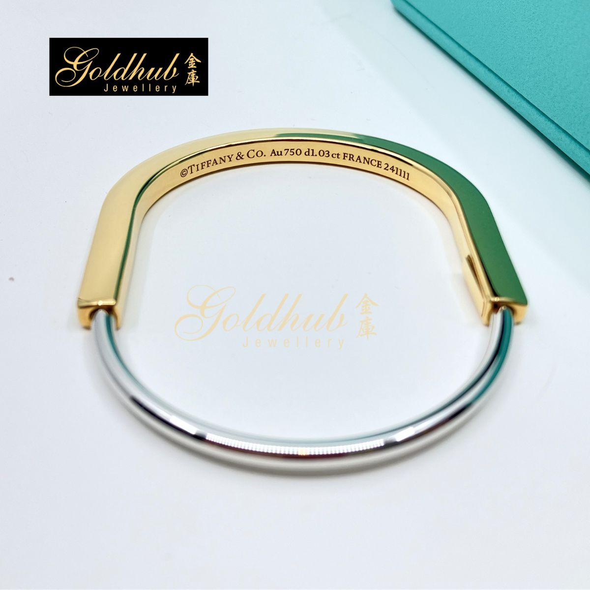 Tiffany Lock Narrow Bangle with Half Pave Diamonds in Yellow and White Gold, Size Extra Small