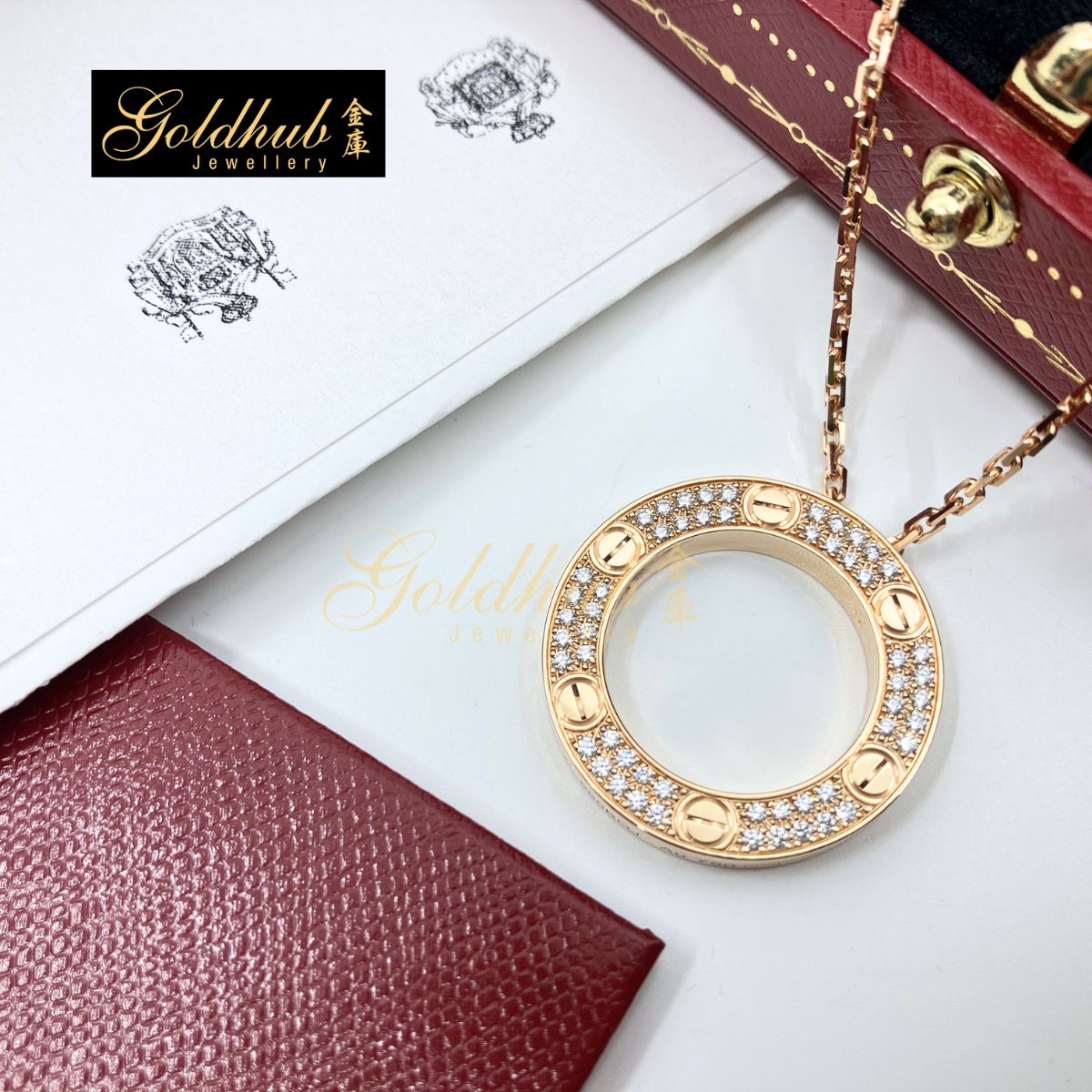 Cartier Love Pendant, Pave Diamonds in Rose Gold