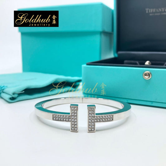 Tiffany & Co Tiffany T Square Bracelet, Pave Diamond in White Gold, Size L