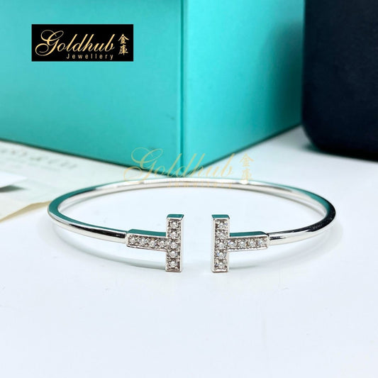 Tiffany T Diamond Wire Bracelet in White Gold, Size Medium