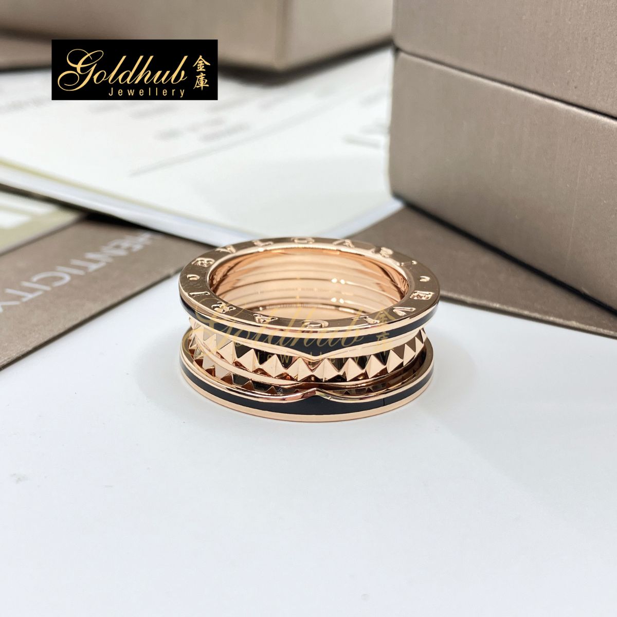 Bulgari B.zero1 Rock 2 Band with Black Ceramic Ring in Rose Gold, Size 55